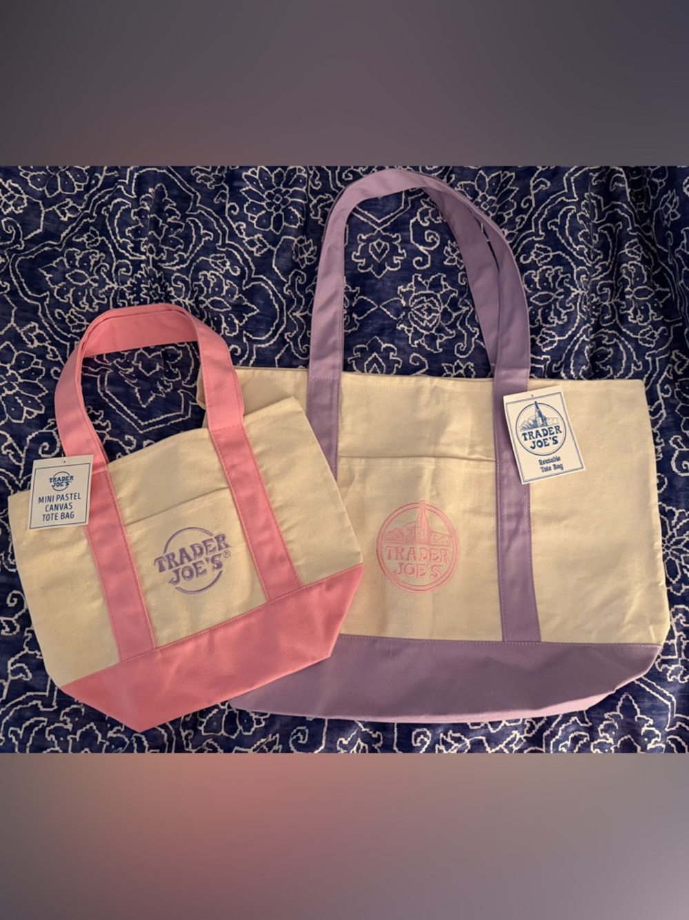 💜 Trader Joe’s 2026 Set Of 2 NWT Large Lavender Tote Bag Small Mini Pink 🌸 FINAL